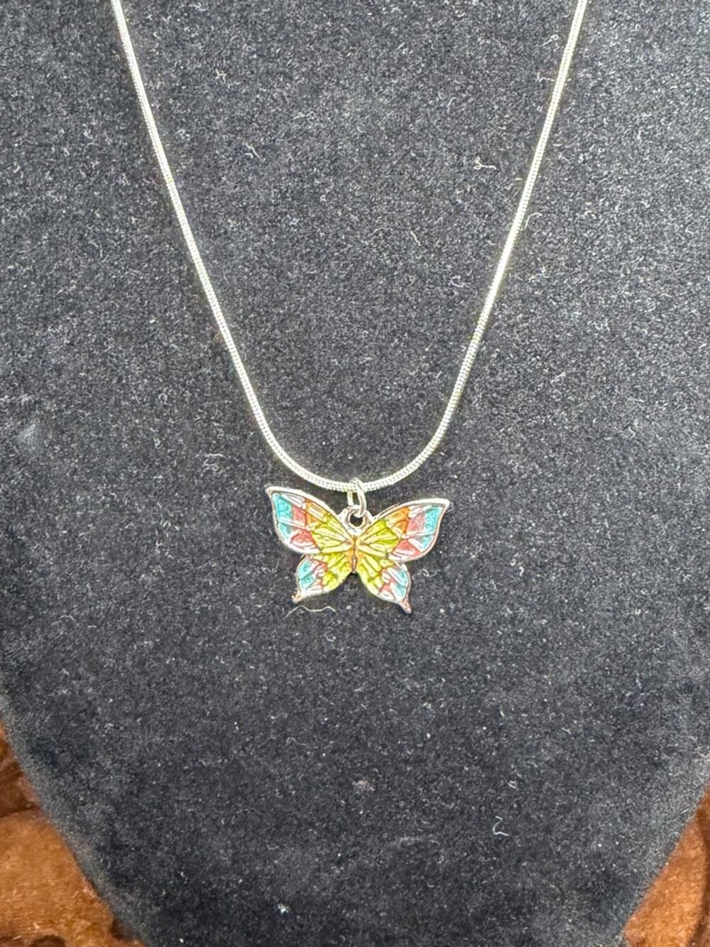 Multicolor Butterfly Pendant Necklace Silver color Chain